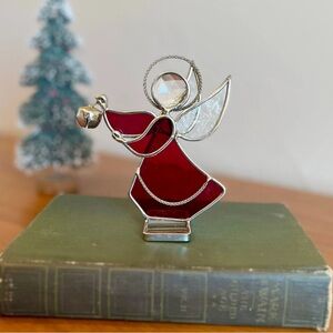 Stained Glass Christmas Angel Figurine - Red